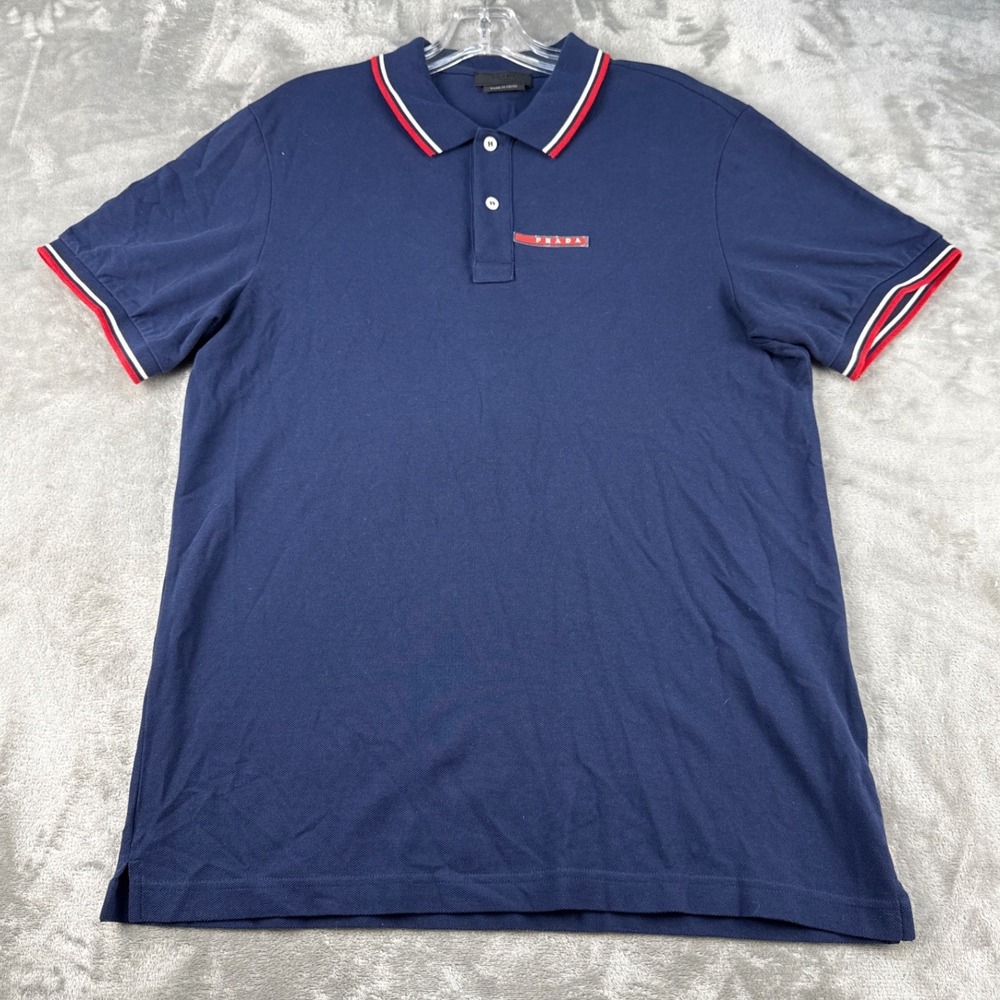 Prada Polo Shirt Mens XXL Linea Rossa Red Tab Navy Blue Tipped Trim EUC